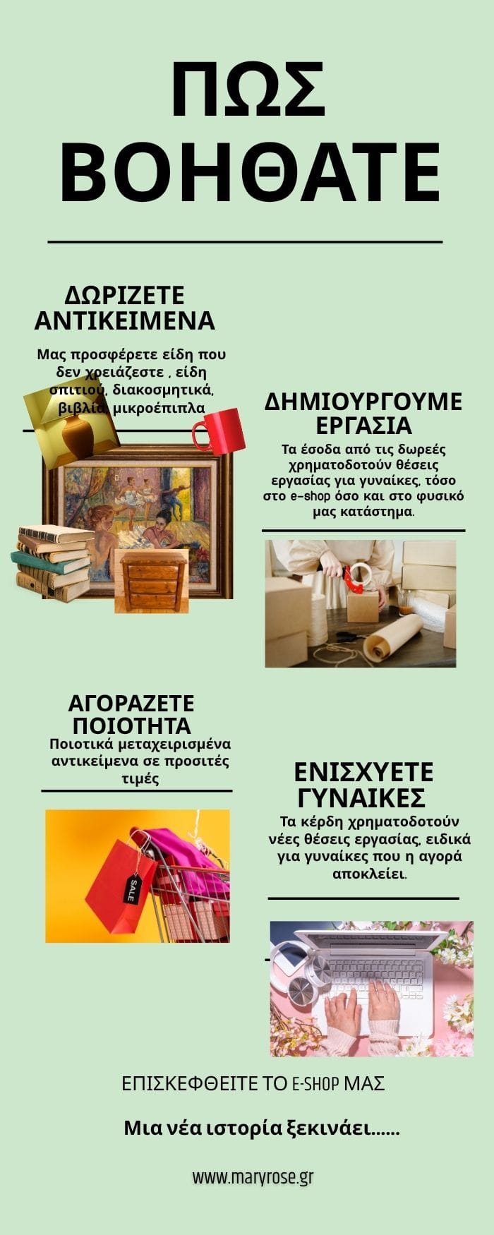 Infographic Maryrose που εξηγεί πώς οι δωρεές και οι αγορές αντικειμένων δημιουργούν θέσεις εργασίας για γυναίκες