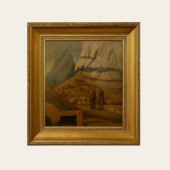 Vintage Πίνακας Εκτύπωση Ορεινό Τοπίο με φιγούρες και επιβλητική χρυσή κορνίζα